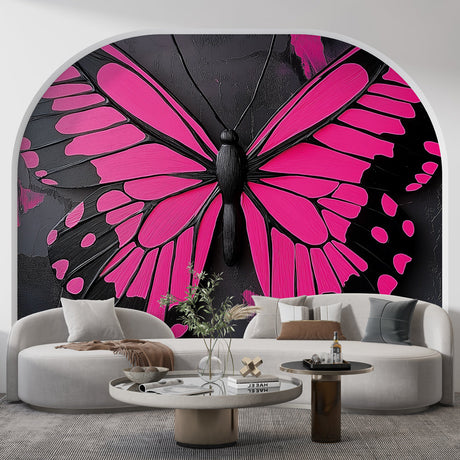 Modern pink butterfly wallpaper creating dramatic impact in a minimalist living room with black accents