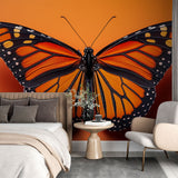 Monarch butterfly wallpaper creating a stunning focal point in a bright modern living room with neutral furniture
