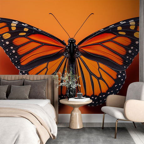 Monarch butterfly wallpaper creating a stunning focal point in a bright modern living room with neutral furniture