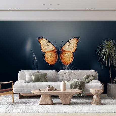 Butterfly wall mural in modern living room showing orange Monarch butterfly against navy background, creating dramatic accent wall