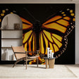 Butterfly wall mural in modern living room showing dramatic Monarch wings creating warm, golden atmosphere
