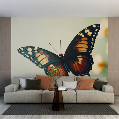 Butterfly wall mural creates stunning focal point in modern living room with orange and black monarch wings