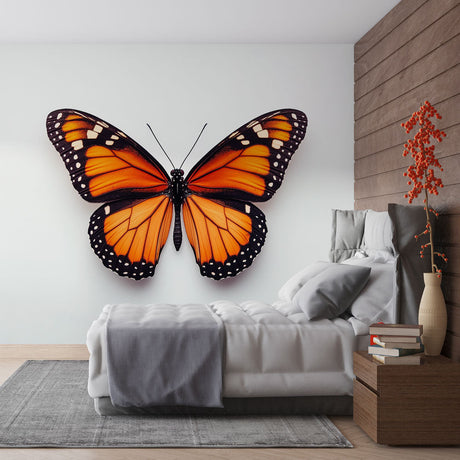 Butterfly Mural Wallpaper showcased in a bright modern living room, orange Monarch wings creating a stunning focal point