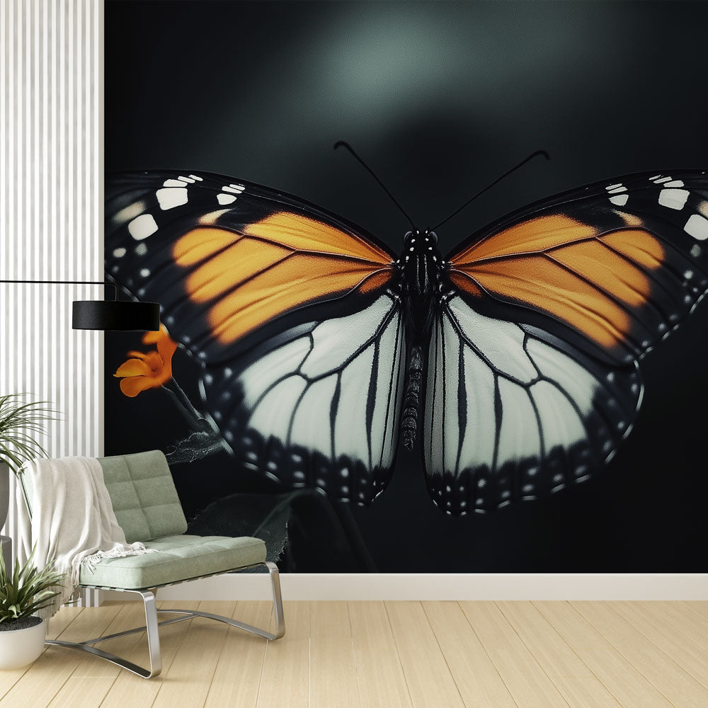 Butterfly wall mural creating dramatic impact in modern living room with dark furniture and warm lighting