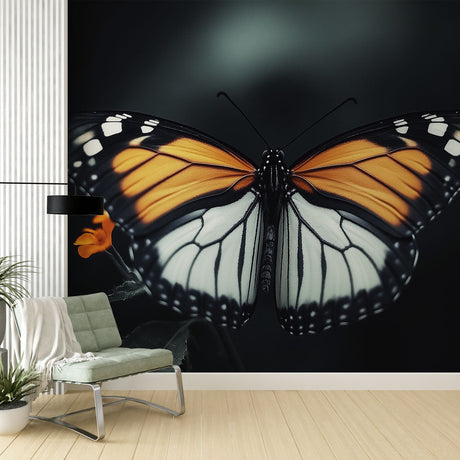 Butterfly wall mural creating dramatic impact in modern living room with dark furniture and warm lighting