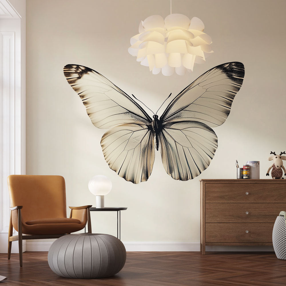 Beautiful Butterfly Wall Mural creating a peaceful atmosphere in a modern living room with minimalist furniture