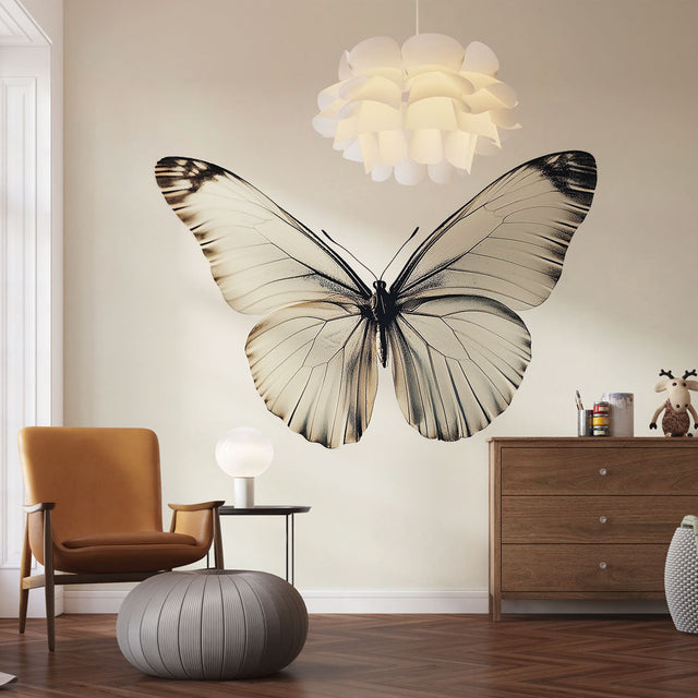 Beautiful Butterfly Wall Mural creating a peaceful atmosphere in a modern living room with minimalist furniture