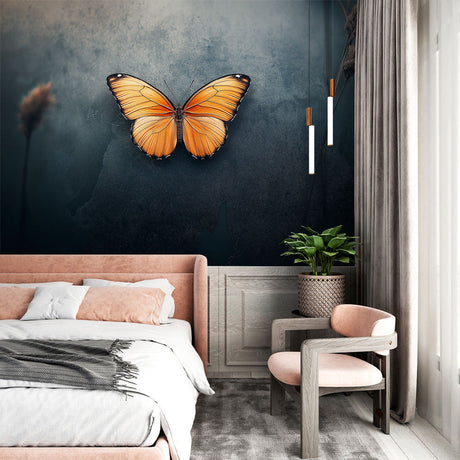 Beautiful Butterfly Wall Mural showcased in a modern living room with dark blue accent wall and minimal furniture