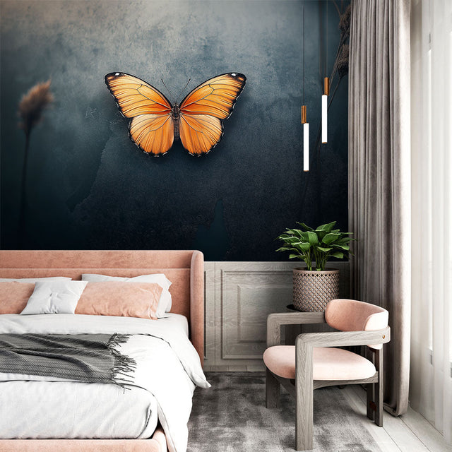Beautiful Butterfly Wall Mural showcased in a modern living room with dark blue accent wall and minimal furniture