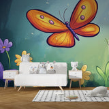 Butterfly wall mural with orange wings bringing warmth to a modern living room with gray furniture