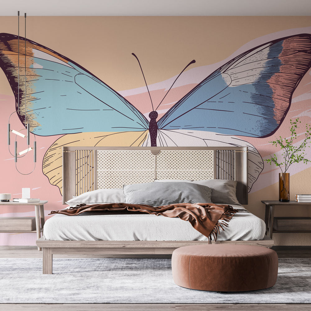 Butterfly wall mural in soft pastel tones creating a peaceful atmosphere in a modern living room with natural light