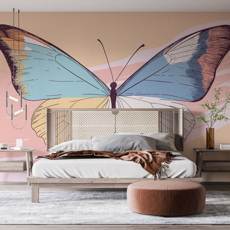 Butterfly wall mural in soft pastel tones creating a peaceful atmosphere in a modern living room with natural light