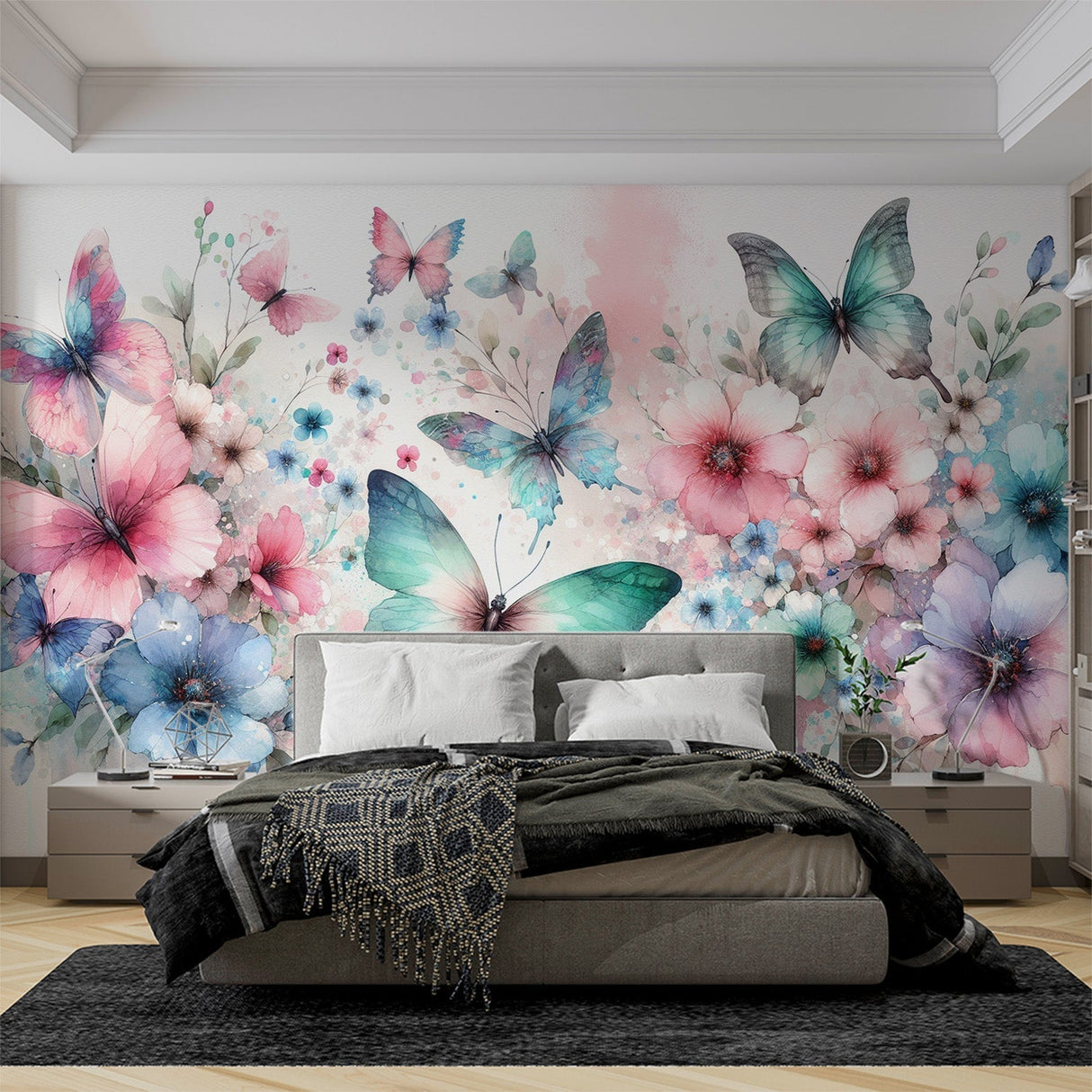 Beautiful Butterfly Wallpaper Mural in a bright nursery room with white furniture and natural light
