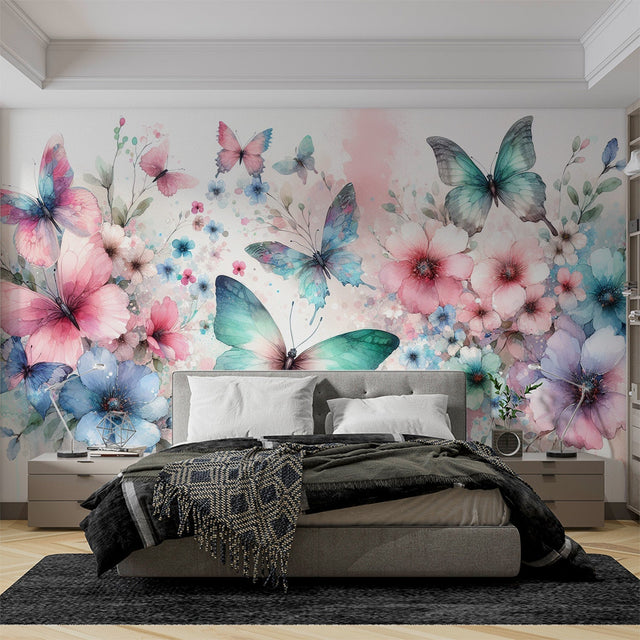Beautiful Butterfly Wallpaper Mural in a bright nursery room with white furniture and natural light