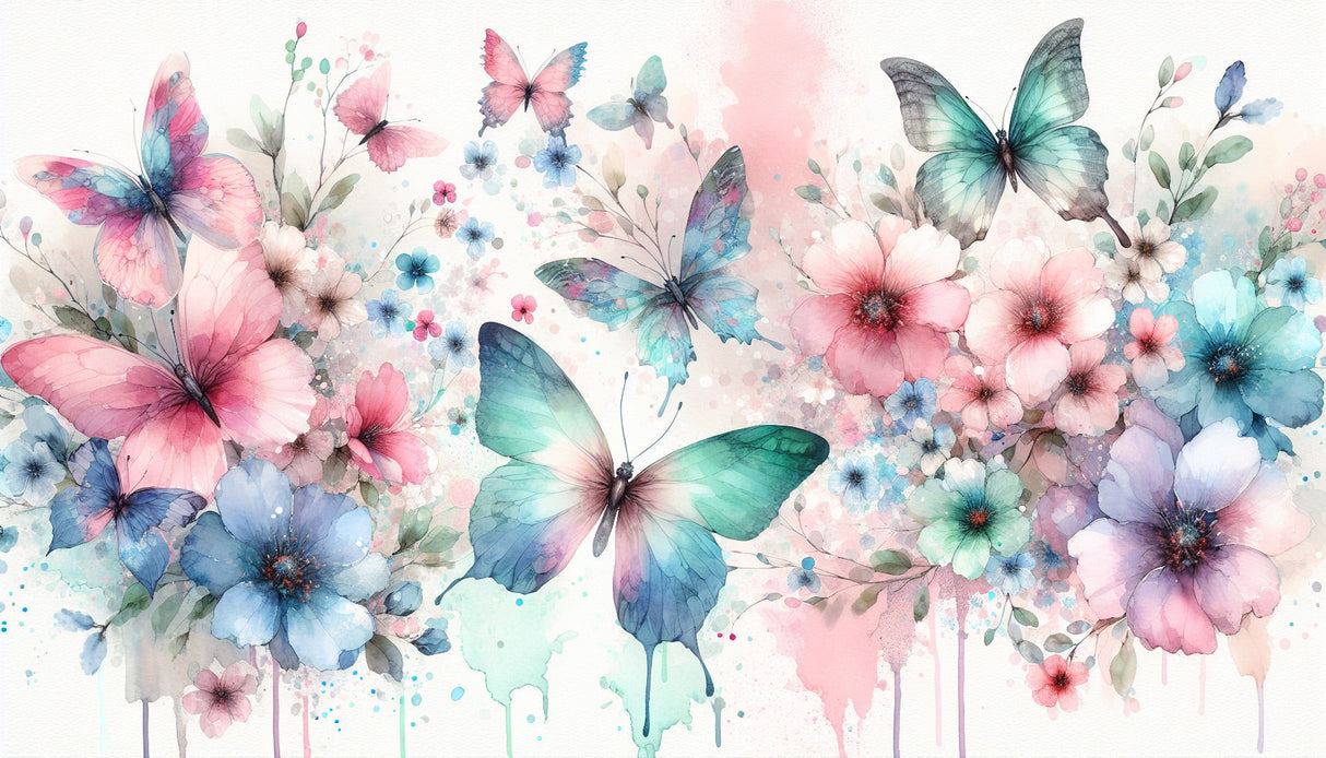 Butterfly and floral watercolor wallpaper design file showing delicate pastel pattern
