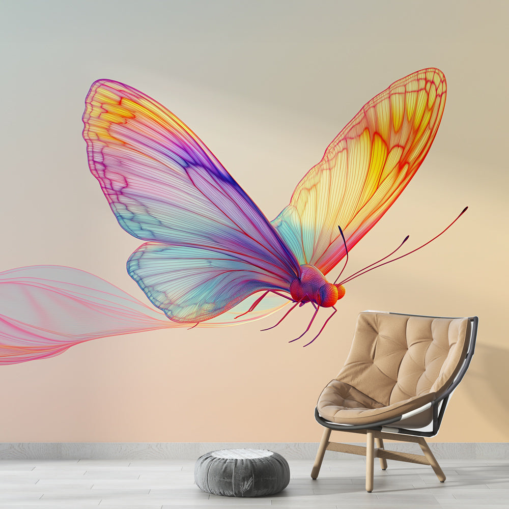 Butterfly wall mural with soft rainbow wings creating a peaceful atmosphere in a bright modern bedroom