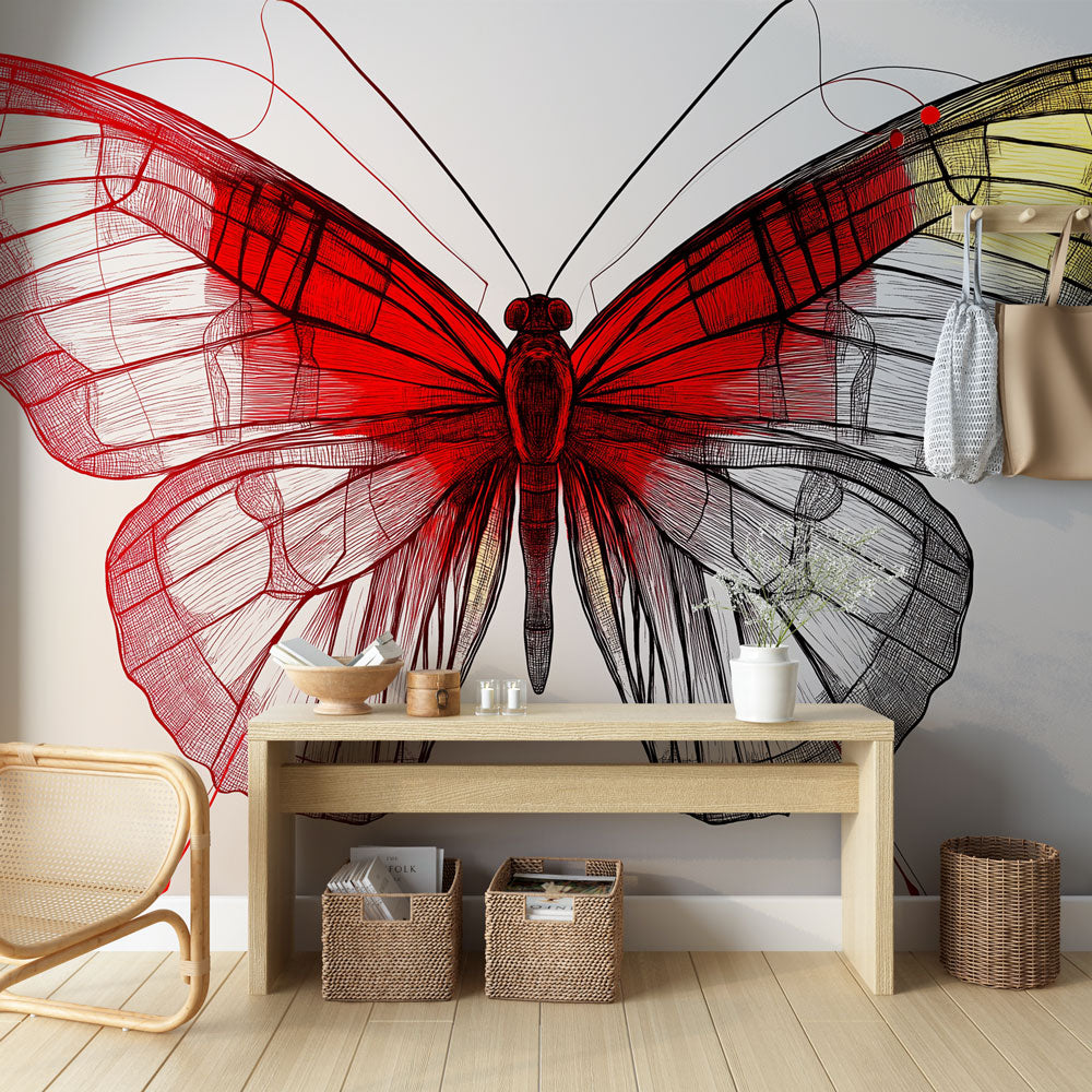 Red Butterfly wall mural creating striking focal point in modern living room with minimalist furniture