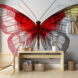 Red Butterfly wall mural creating striking focal point in modern living room with minimalist furniture