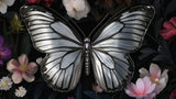 Butterfly wallpaper design file showing intricate silver wings pattern on dark floral background