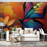 Butterfly stained glass wallpaper mural creating a stunning focal point in a modern living room with natural light
