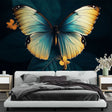 Butterfly wall mural with turquoise and gold wings creating a stunning focal point in a bright modern living room