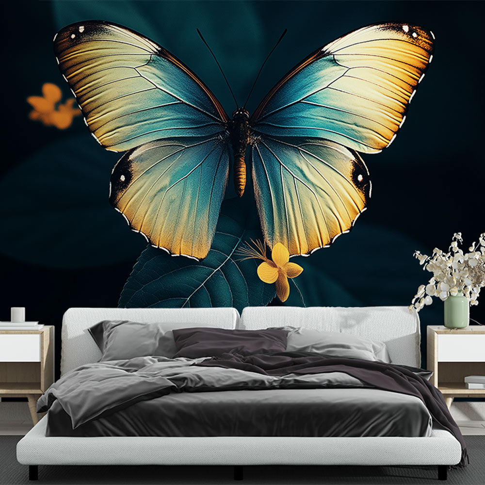 Butterfly wall mural with turquoise and gold wings creating a stunning focal point in a bright modern living room