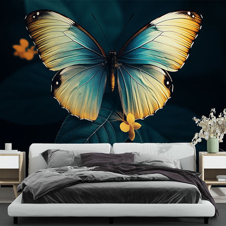 Butterfly wall mural with turquoise and gold wings creating a stunning focal point in a bright modern living room