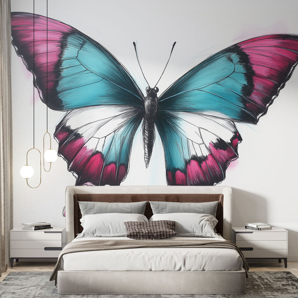 Butterfly wall mural in modern kids bedroom showing turquoise and pink wings design creating a playful atmosphere