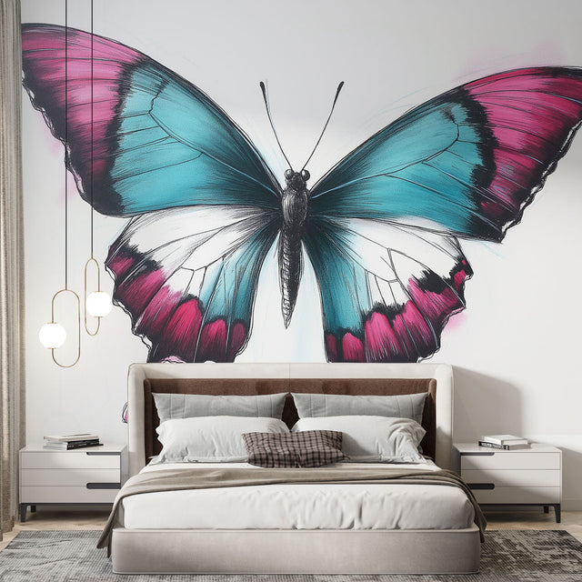 Butterfly wall mural in modern kids bedroom showing turquoise and pink wings design creating a playful atmosphere