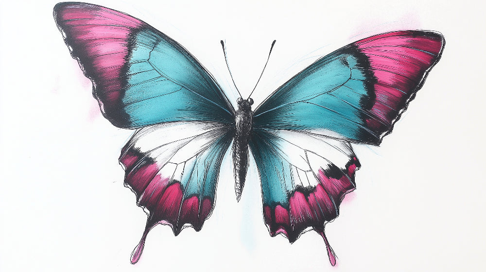 Butterfly wallpaper design file showing detailed turquoise and pink wing pattern on white background