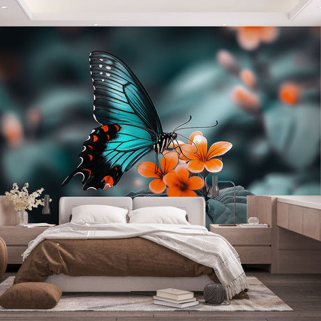 Butterfly wall mural with turquoise wings creating a peaceful atmosphere in a modern living room