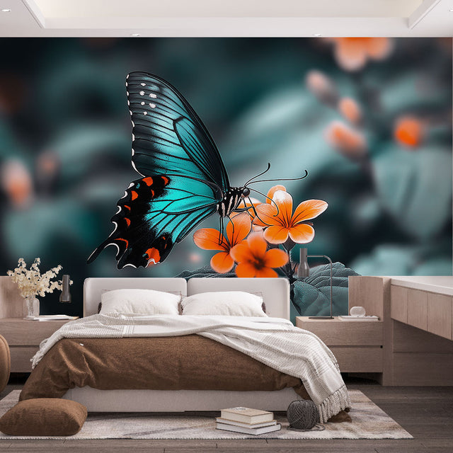 Butterfly wall mural with turquoise wings creating a peaceful atmosphere in a modern living room