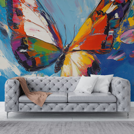 Butterfly wall mural bringing artistic flair to a modern living room with high ceilings and minimal furniture