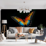 Butterfly wall mural bringing bold orange and blue colors to a modern living room, creating a stunning accent wall