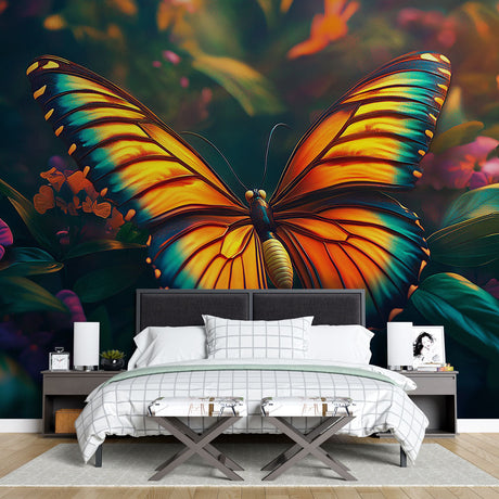 Beautiful Butterfly Wall Mural showcased in a bright modern living room, orange and turquoise wings creating a stunning focal point