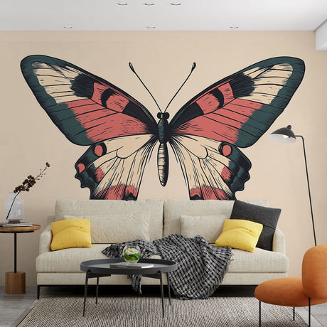 Butterfly wallpaper mural in coral and teal tones creating a peaceful atmosphere in a bright modern living room