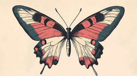 Vintage butterfly design file showing detailed wing patterns in coral pink and teal