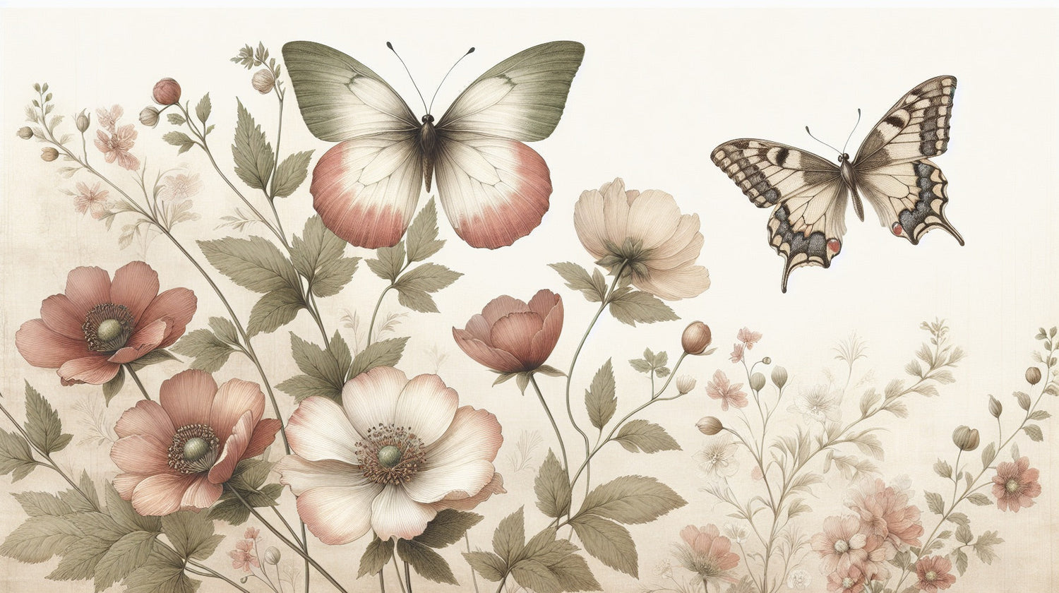 Vintage butterfly and anemone flower design file showing intricate pattern details and soft color palette