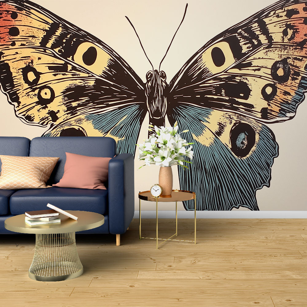 Butterfly wall mural creating an elegant focal point in a bright living room with modern furniture