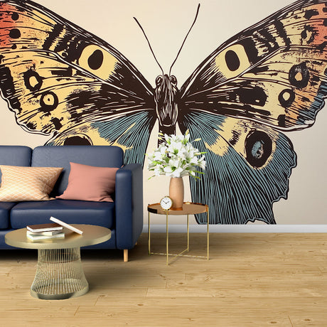 Butterfly wall mural creating an elegant focal point in a bright living room with modern furniture