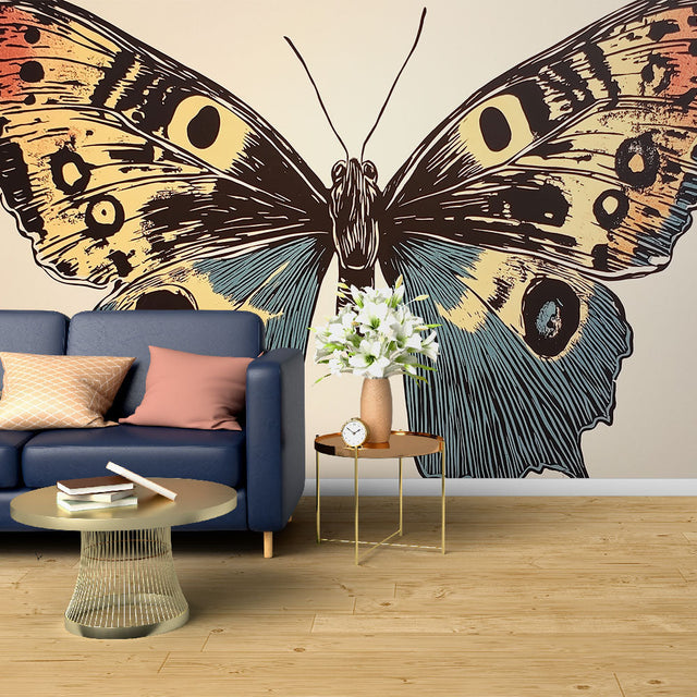 Butterfly wall mural creating an elegant focal point in a bright living room with modern furniture