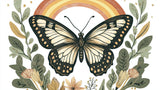 Vintage butterfly wallpaper design file showing detailed monarch illustration with rainbow arch and botanical elements