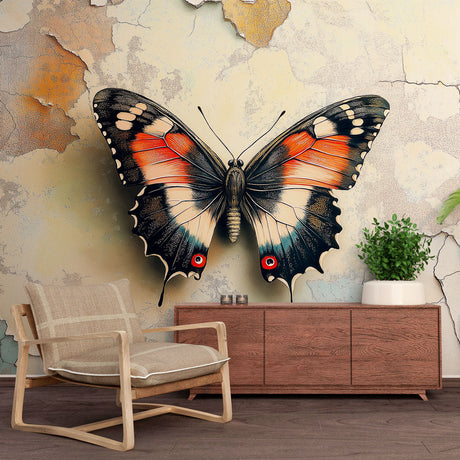Butterfly wall mural featuring orange and black wings creates dramatic impact in a modern living room with natural light