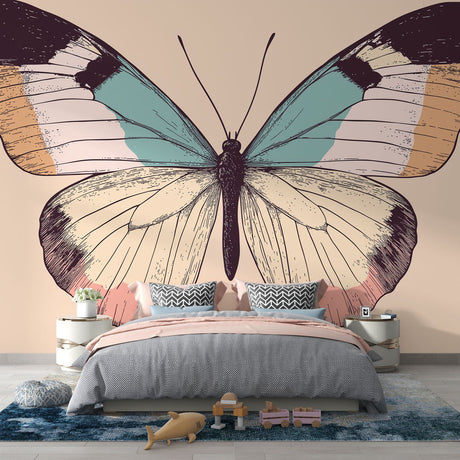 Butterfly wall mural in soft pastel tones creating an elegant focal point in a bright modern living room setting