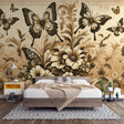 Butterfly sepia wallpaper mural creating a cozy atmosphere in a bright living room with vintage furniture