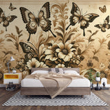 Butterfly sepia wallpaper mural creating a cozy atmosphere in a bright living room with vintage furniture