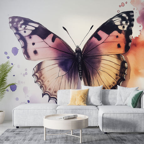 Purple and orange Butterfly wallpaper mural creating a stunning focal point in a bright modern living room