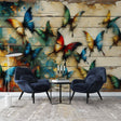 Butterfly watercolor wallpaper creating a stunning focal point in a bright living room with modern furniture