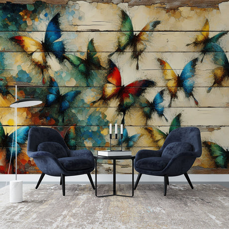 Butterfly watercolor wallpaper creating a stunning focal point in a bright living room with modern furniture