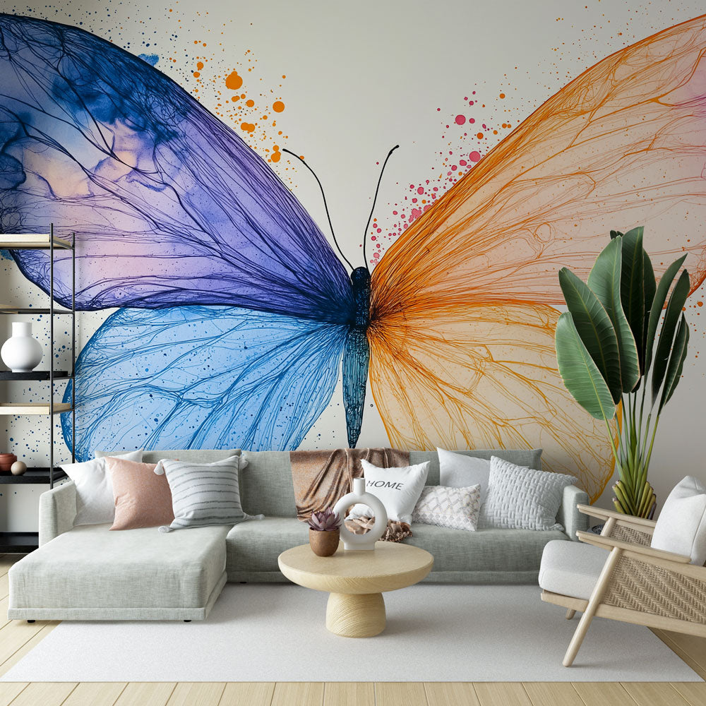 Butterfly wallpaper mural showcasing watercolor wings in a bright modern living room with natural light